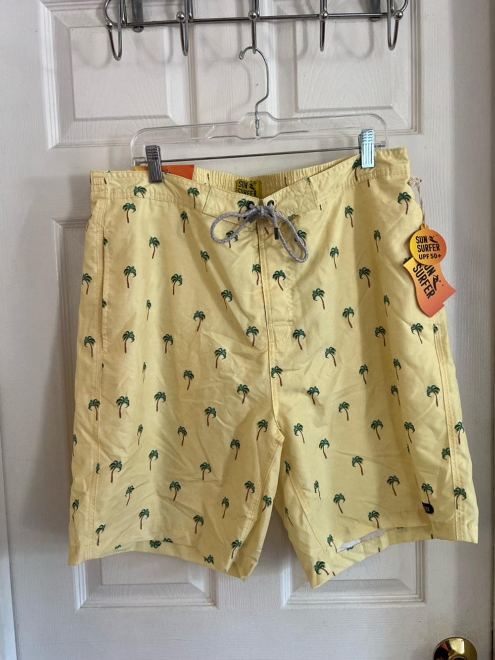 Sun Surfer palm tree print Yellow Men’s XXL swim trunks Board Shorts UPF 50+ sun